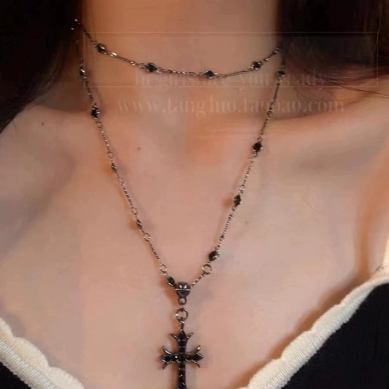 Stacked Black Cross Necklace For Women, Long Choker Collar, High-End Clavicle Chain Neck Chain, Sweet And Cool Neck Strap - Image 4